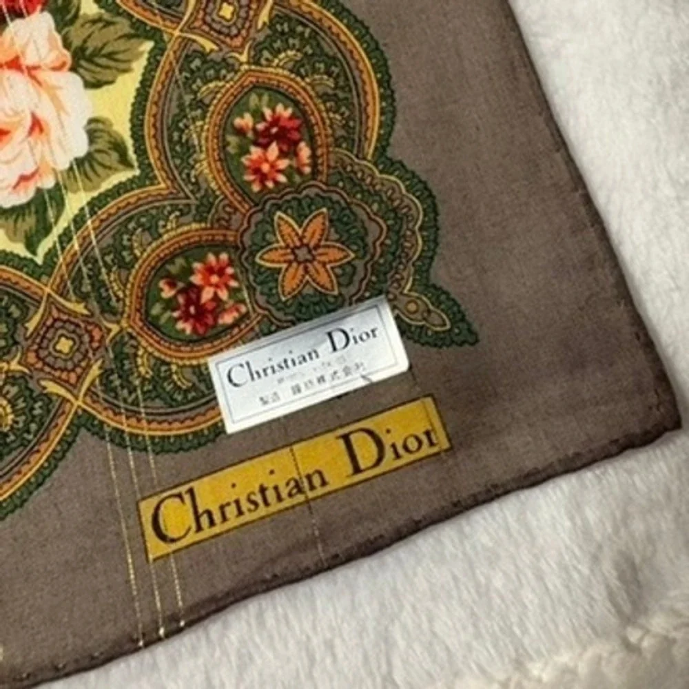 Vtg CHRISTIAN DIOR Scarf Handkerchief Floral Brown Cream 20